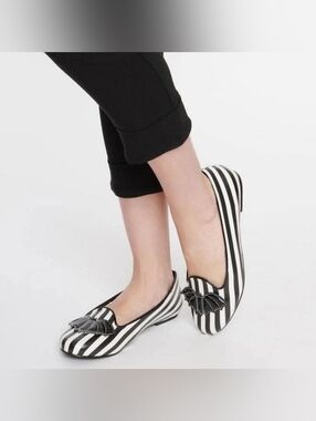 Strange Cvlt Lydia Bat striped black and white flat shoes SIZE 8.5